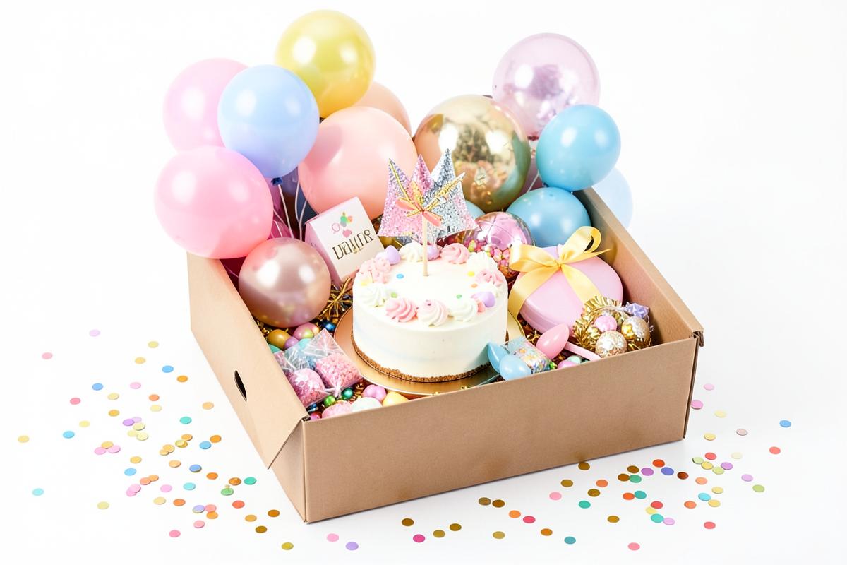 Kit completo de Festa na Caixa com bolo, doces, balões e decoração