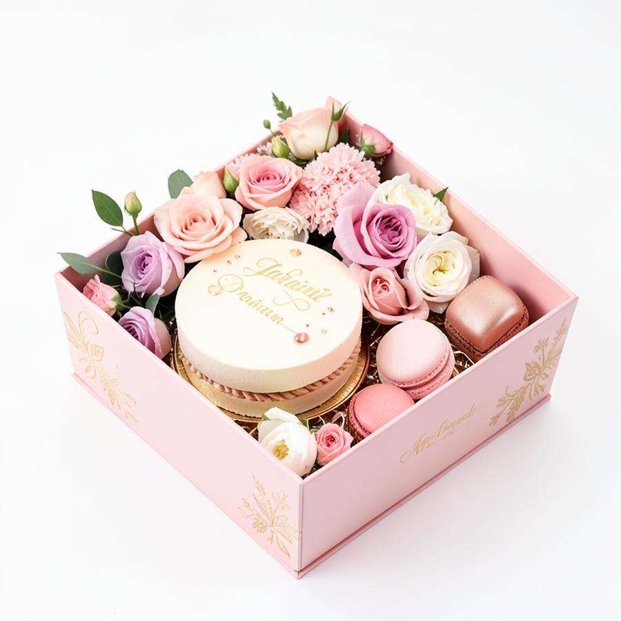 Festa na Caixa feminina em tons de rosa com laços e doces delicados